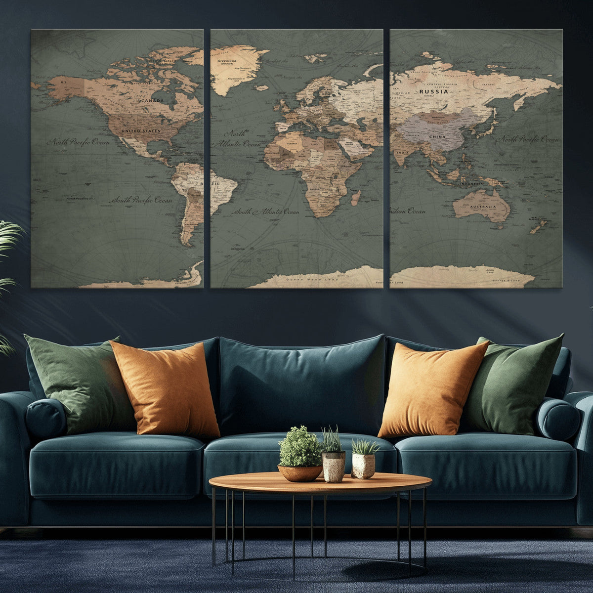 Rustic Black and Wood World Map Canvas Wall Art – Framed