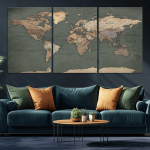 Rustic Black and Wood World Map Canvas Wall Art – Framed