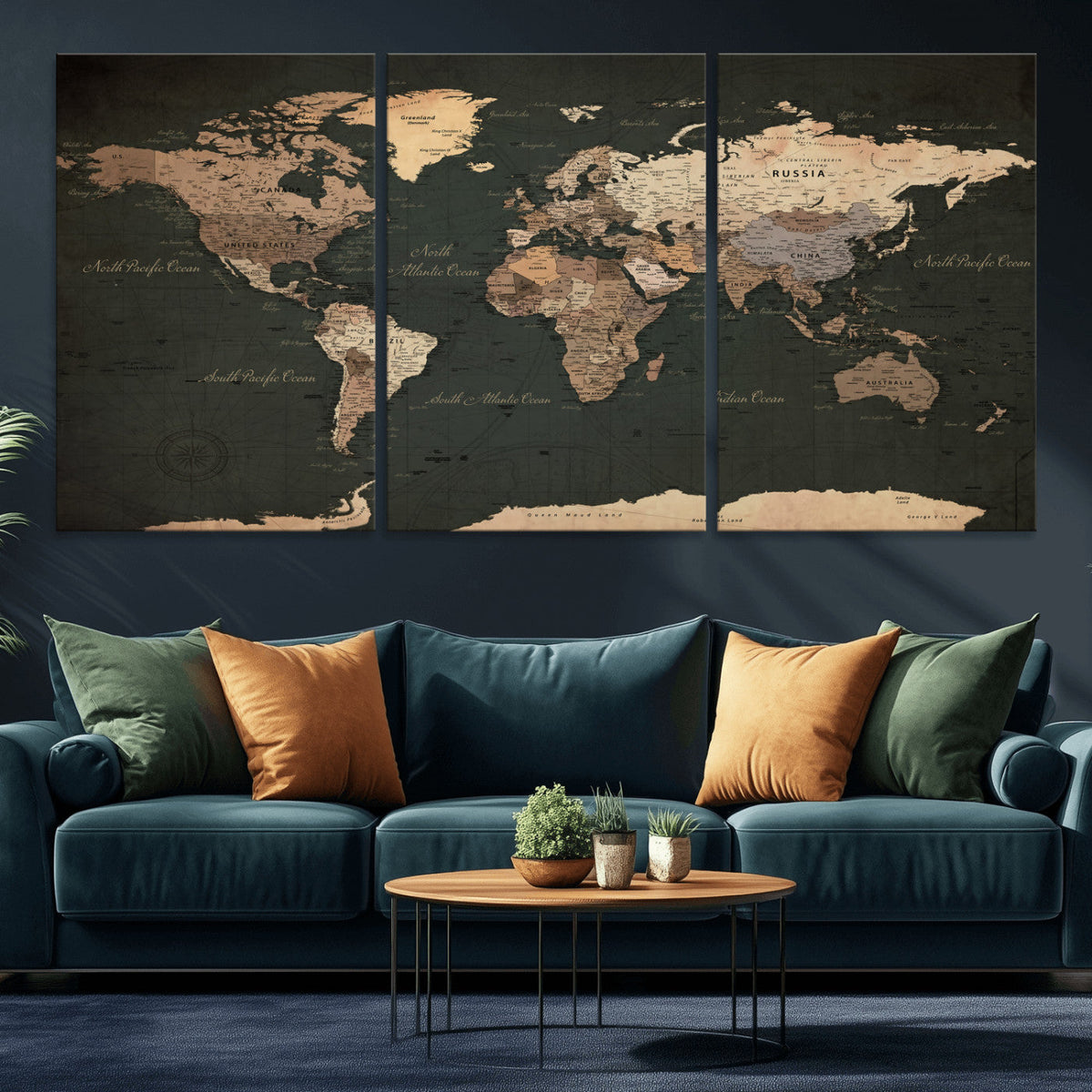 Vintage World Map Canvas Wall Art – Framed Travel Map for
