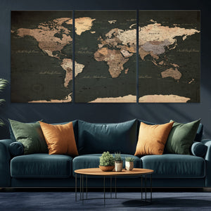 Vintage World Map Canvas Wall Art – Framed Travel Map for