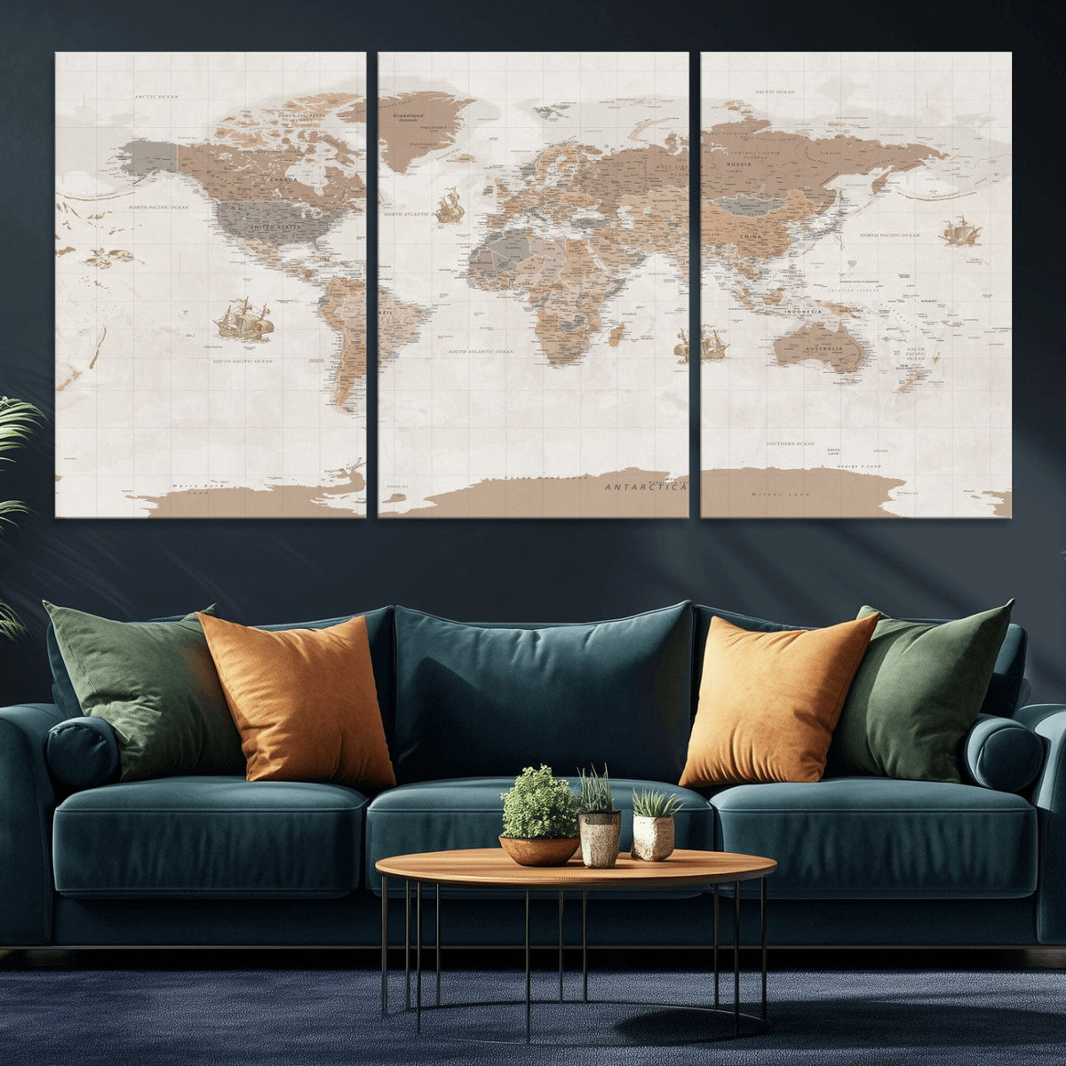 Framed Large World Map Canvas Print for Office Decor