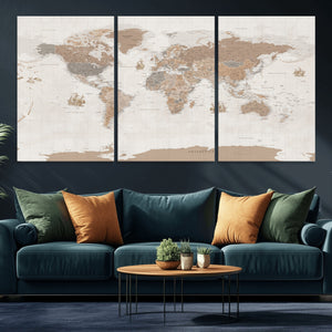 Framed Large World Map Canvas Print for Office Decor