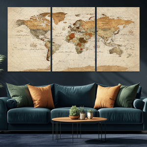 Rustic Vintage World Map Canvas Print – Framed Modern