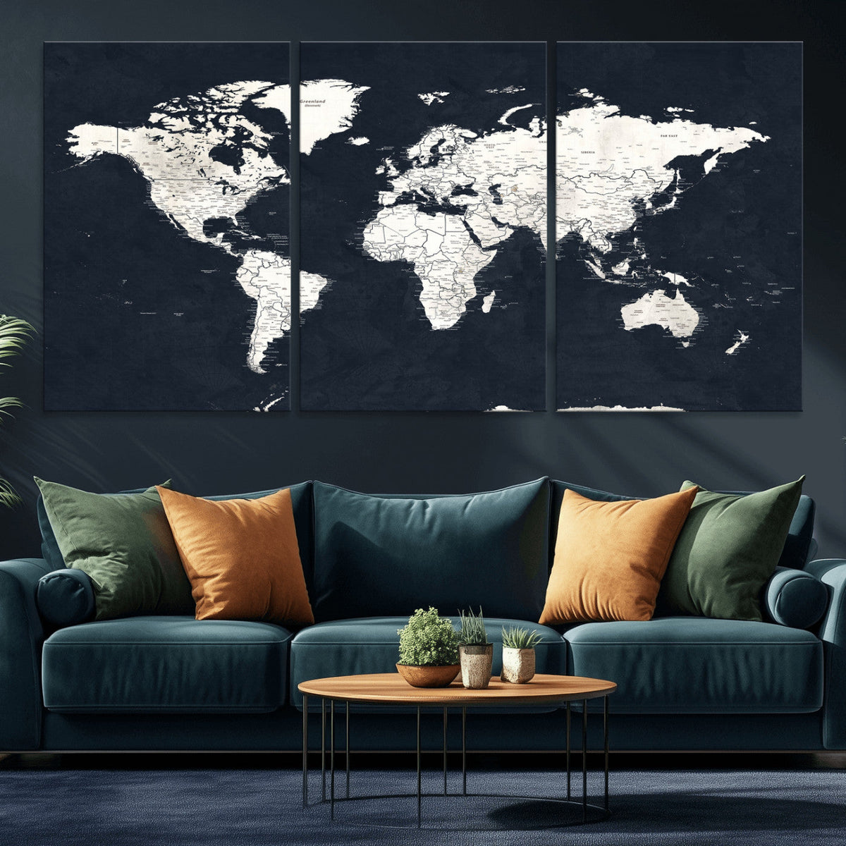 Black World Map Wall Art Canvas Print for Home Office and