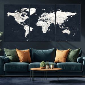 Black World Map Wall Art Canvas Print for Home Office and