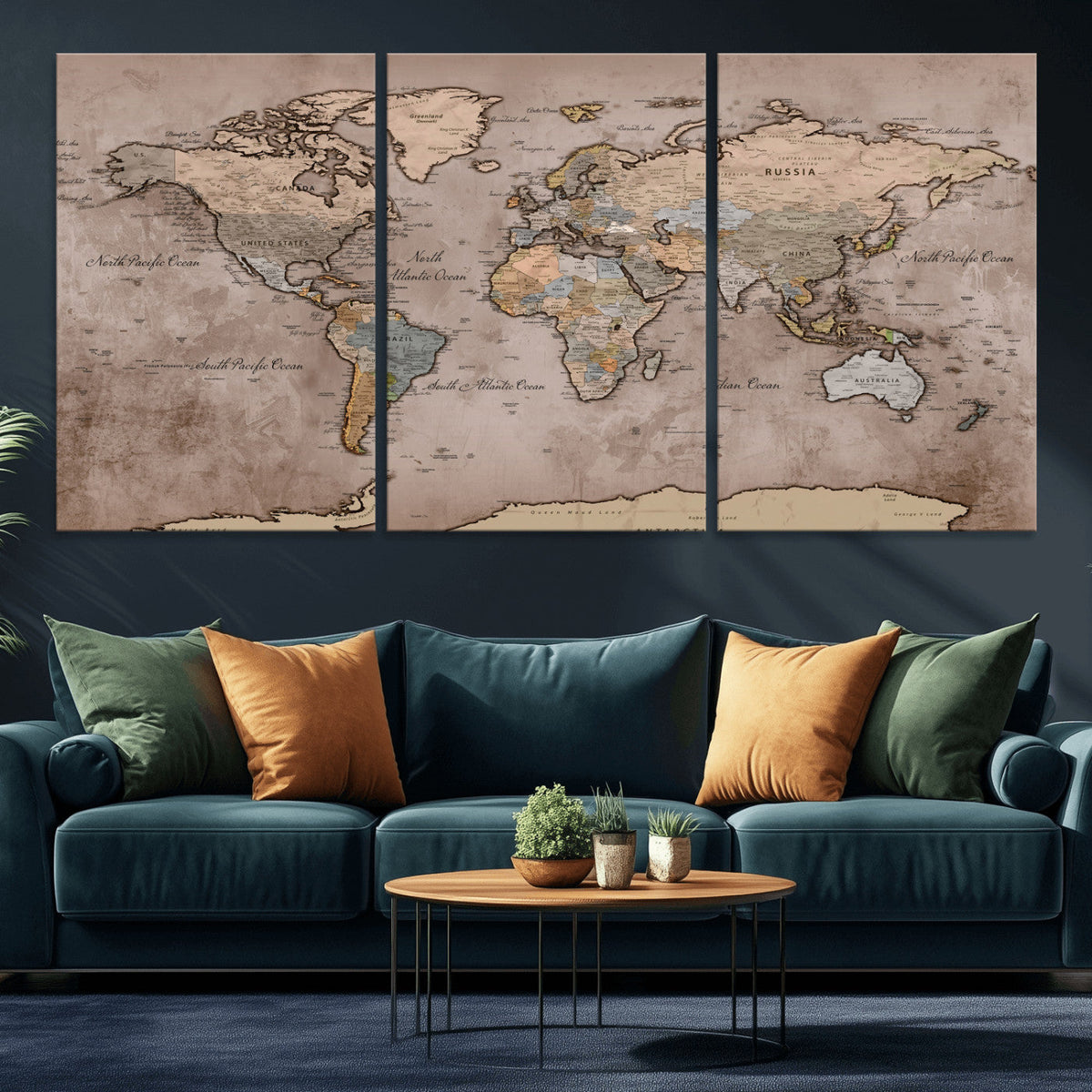 Grunge World Map Canvas Wall Art - Vintage Aged World Map