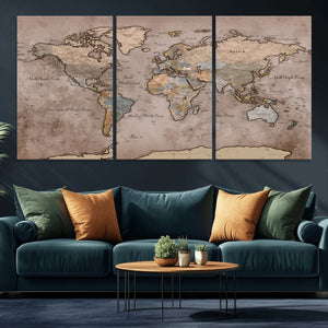 Grunge World Map Canvas Wall Art - Vintage Aged World Map
