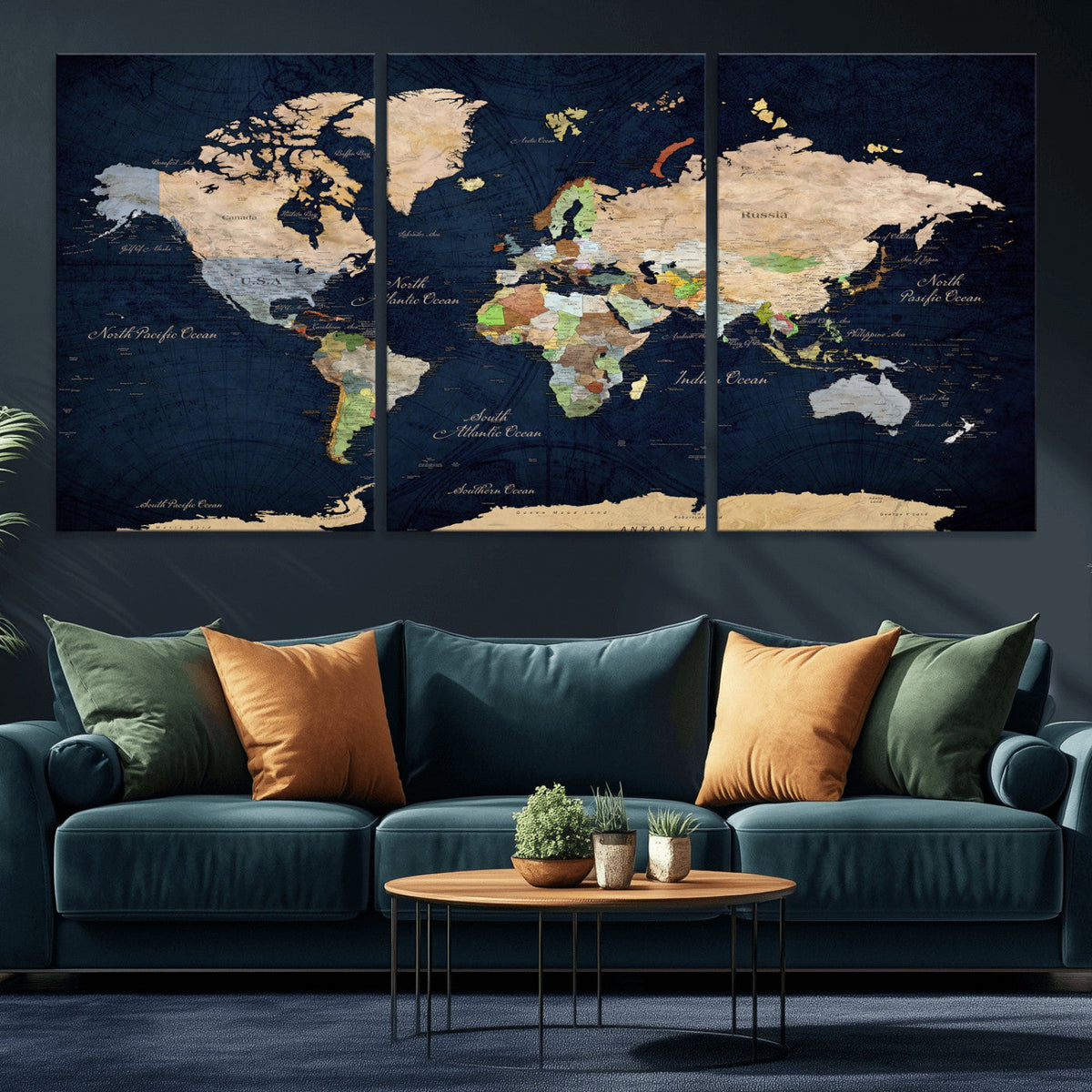 Minimalist World Map Canvas Wall Art - Watercolor Blue and