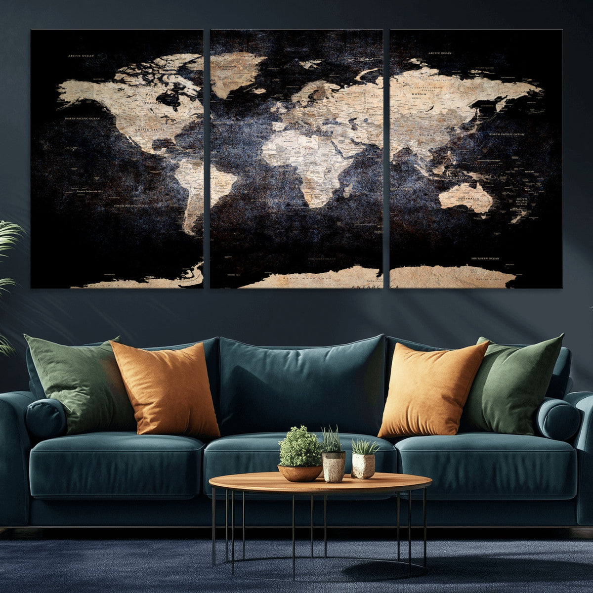 Grunge World Map Wall Art | 3-Panel Large Beige and Brown