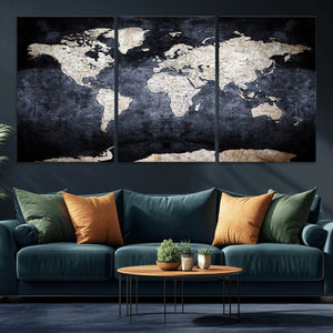 Vintage World Map Canvas Wall Art – Antique Triptych Map