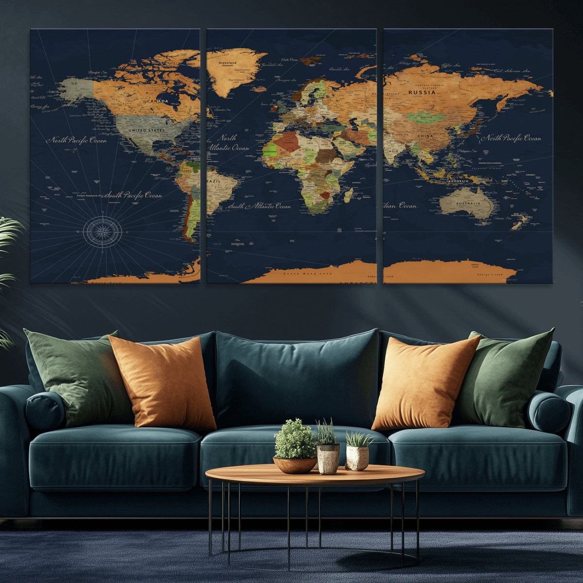 Modern World Map Canvas Print – Framed Detailed Map of the