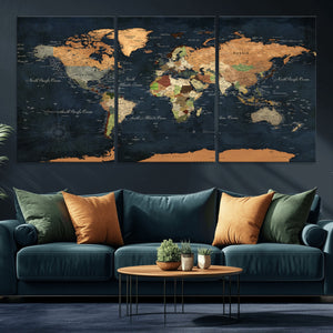 Vintage World Map Canvas Wall Art – Detailed Map with