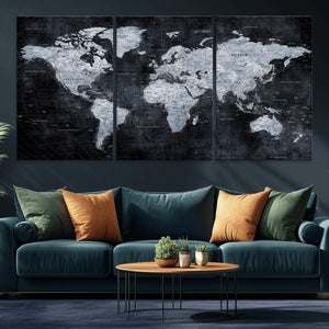 Black World Map Canvas Print – Detailed Map for Couples and