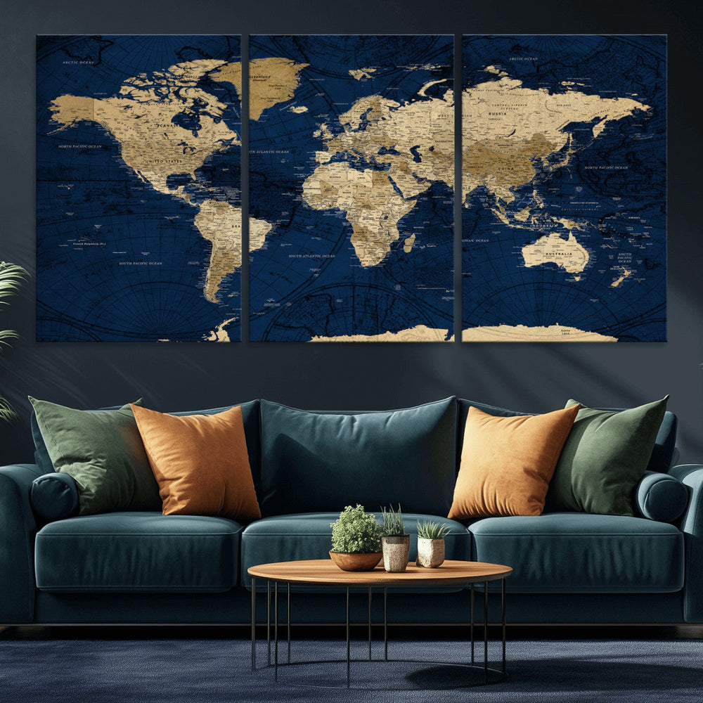 Navy Blue World Map Canvas Print – Detailed Map Minimal Navy