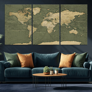 Large World Map Canvas Wall Art Print for Study Room Decor -