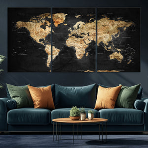 World Map Canvas Wall Art with Famous Landmarks – Framed