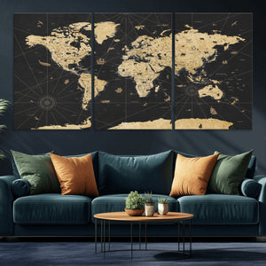 Vintage Blue and Brown World Map Canvas Wall Art – Framed