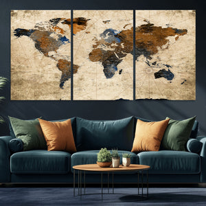 World Map Wall Art – Rustic Earth Tone Canvas Print, Antique