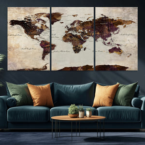World Map Canvas Triptych – Colorful Global Wall Art for