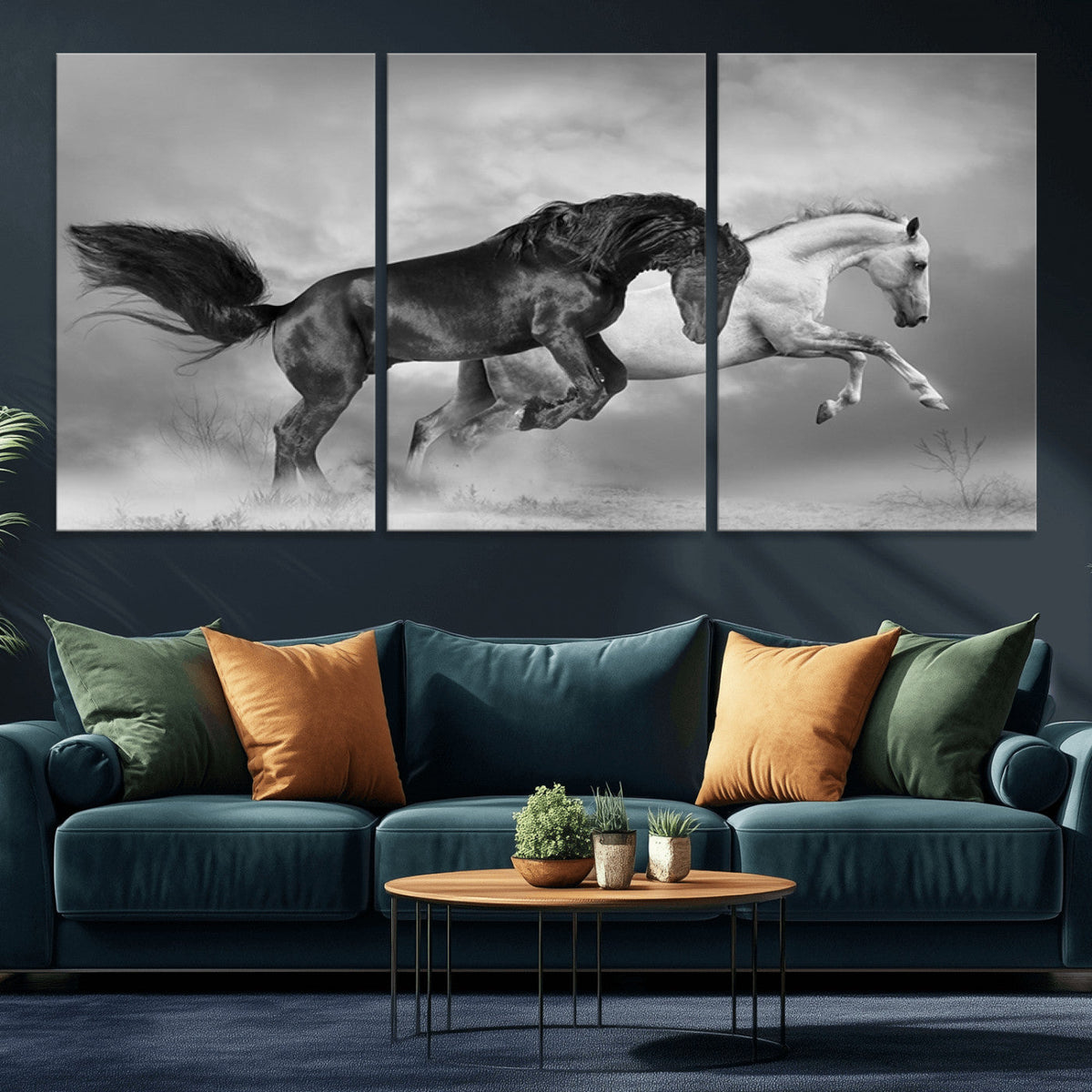 Wild Horses Wall Art Canvas Print – Framed Black and White