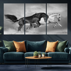 Wild Horses Wall Art Canvas Print – Framed Black and White