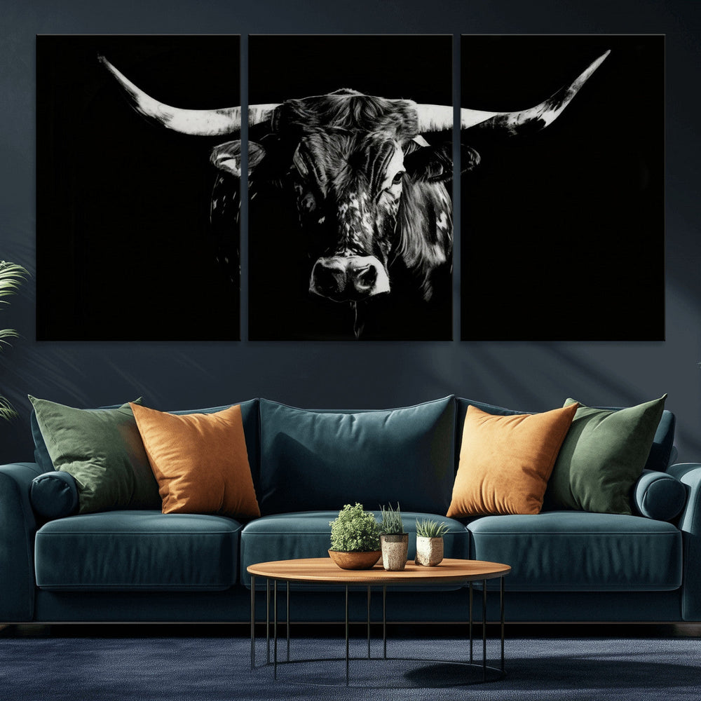 Black Bull Wall Art Canvas Print, Dark Longhorn Portrait