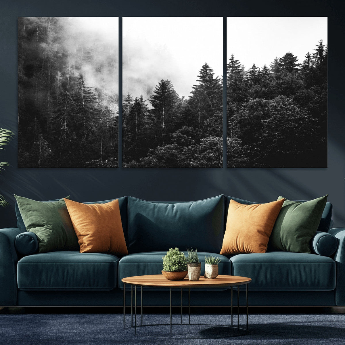 Black White Forest Wall Art Canvas Print, Misty Pine Tree