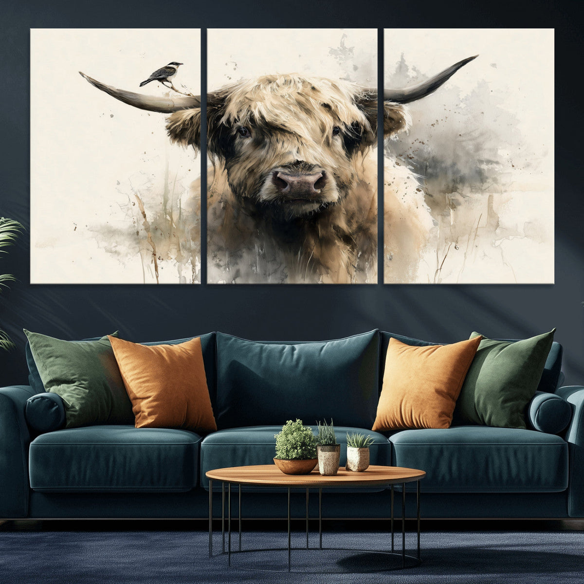 Abstract Highland Cow Wall Art Canvas Print, Rustic Farm