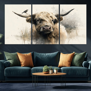 Abstract Highland Cow Wall Art Canvas Print, Rustic Farm