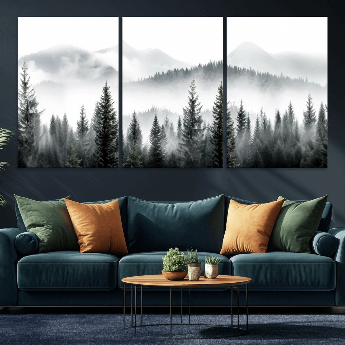 Misty Pine Forest Mountain Landscape Wall Art Canvas Print