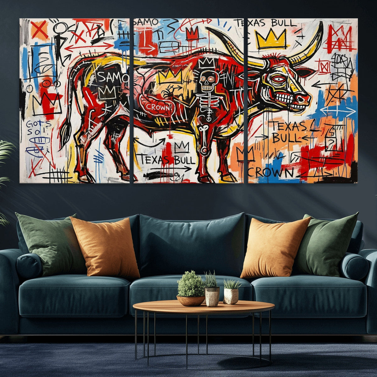 Texas Bull Wall Art Canvas Print, Abstract Graffiti Bull