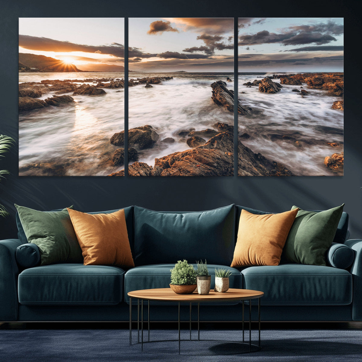 Rocky Coast Ocean Sunset Wall Art Canvas Print, Dramatic