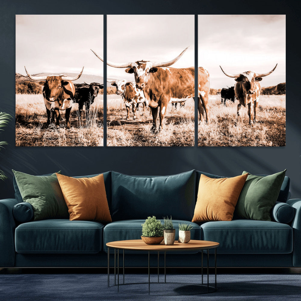 Texas Longhorn Cattle Wall Art Canvas Print, Sepia Western