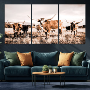 Texas Longhorn Cattle Wall Art Canvas Print, Sepia Western