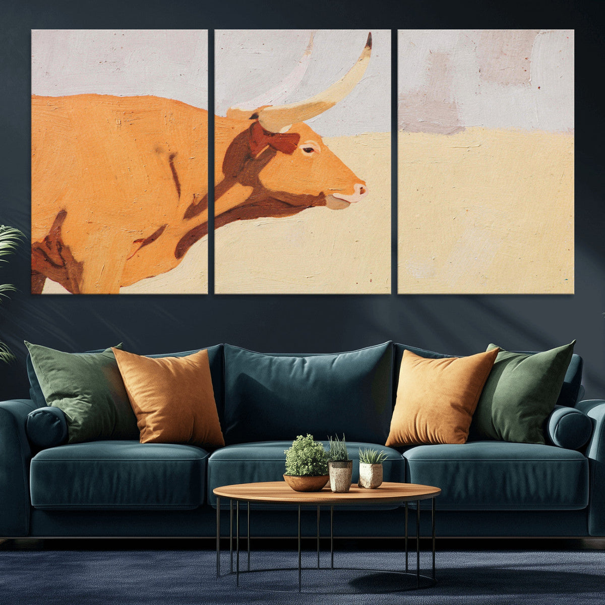 Minimal Longhorn Bull Wall Art Canvas Print, Neutral Western