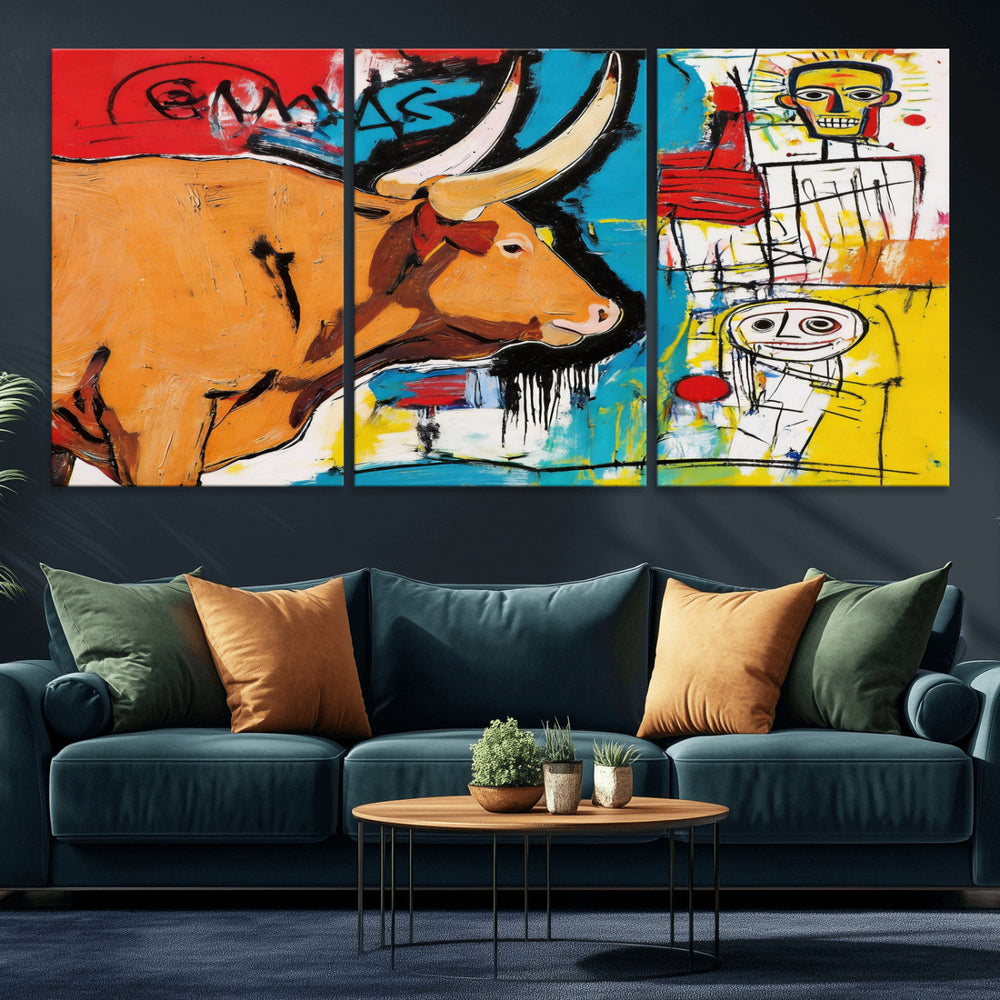Basquiat Style Bull Graffiti Wall Art Canvas Print, Street