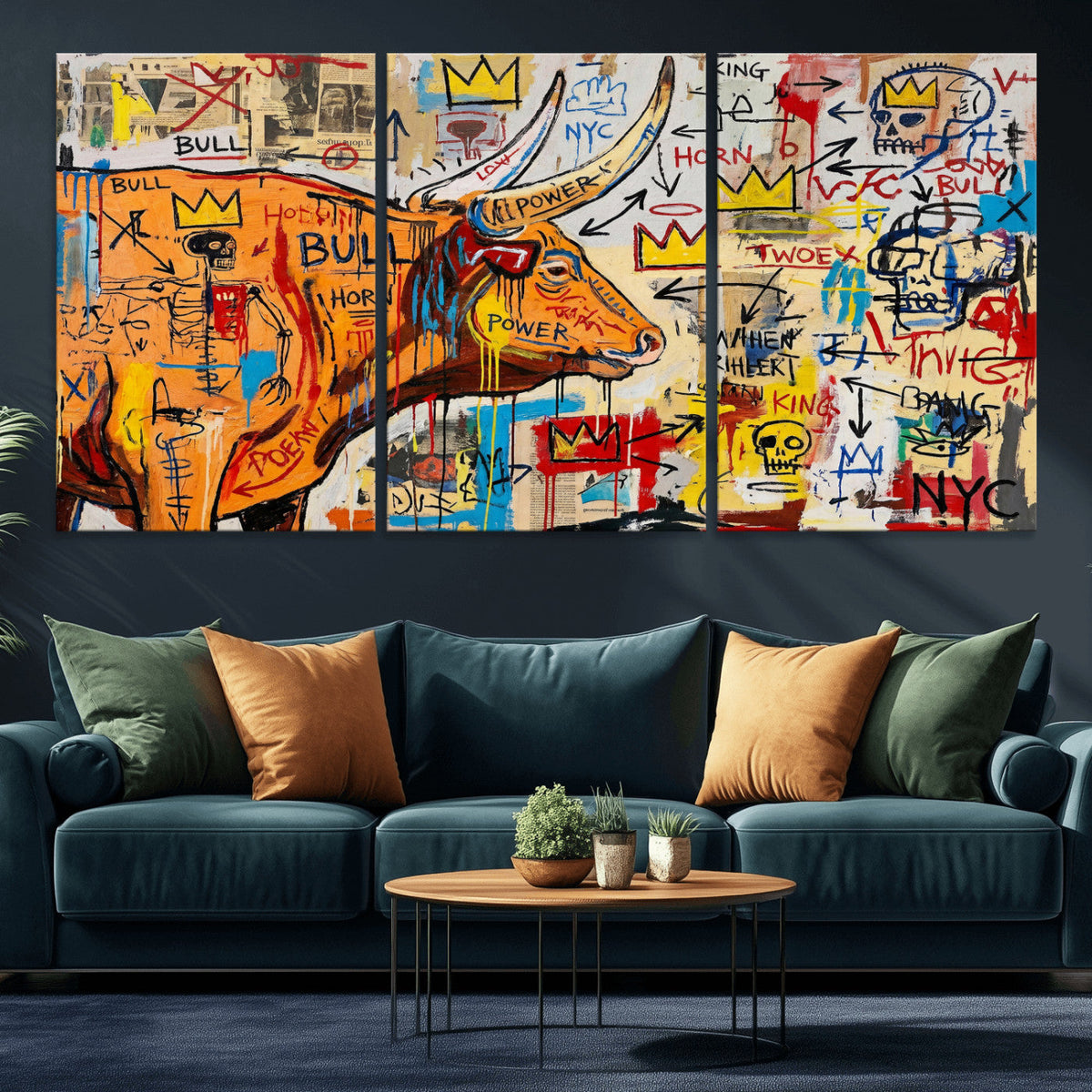 Basquiat Style Bull Graffiti Wall Art Canvas Print, Street