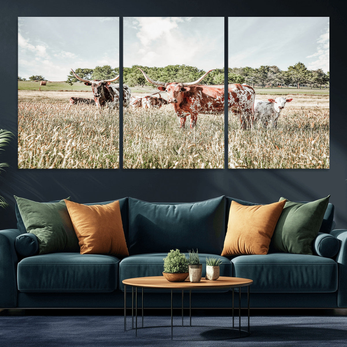 Texas Longhorn Cattle Wall Art Canvas Print, Rustic Ranch