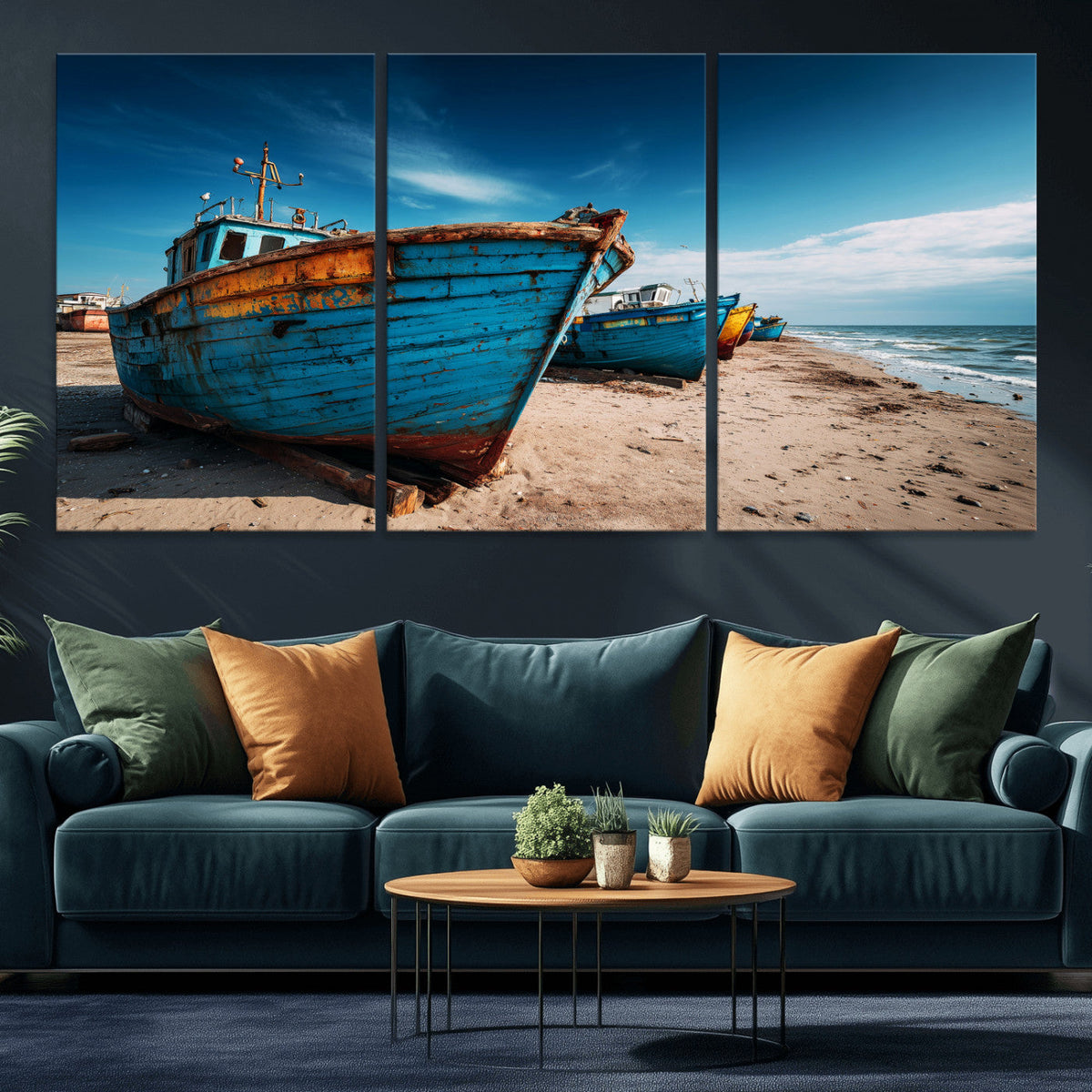 Coastal Fishing Boats Wall Art Canvas Print, Sunset Beach