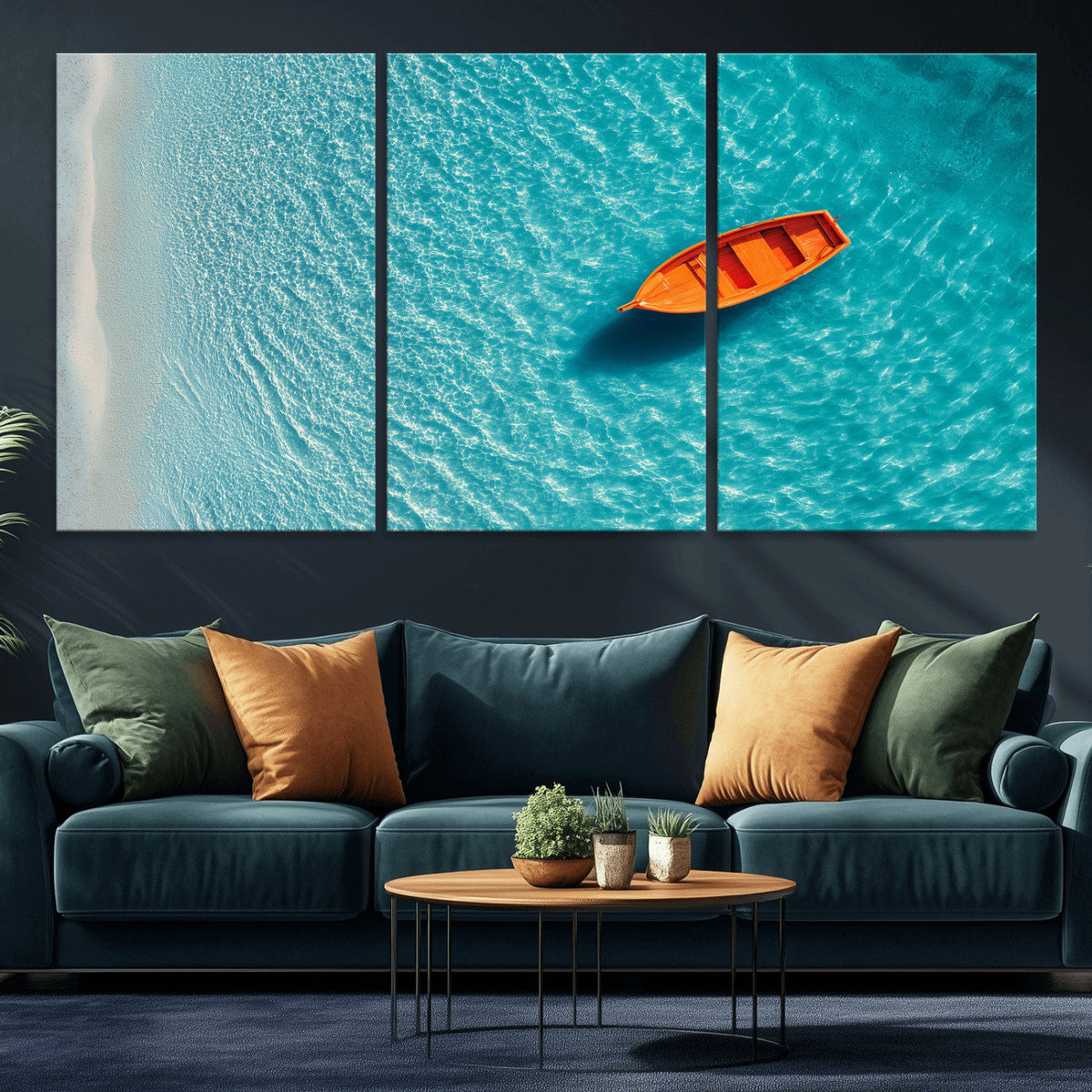 Minimalist Boat Wall Art Canvas Print, Aerial Sea Landscape
