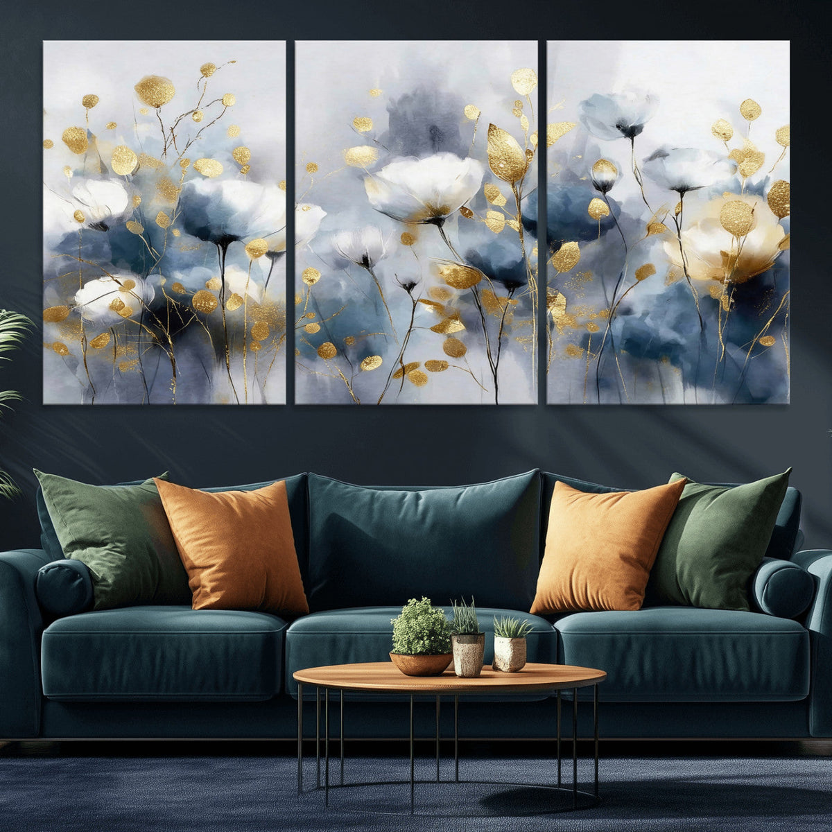 Large Abstract Flowers Wall Art Canvas Print – Gold and Blue