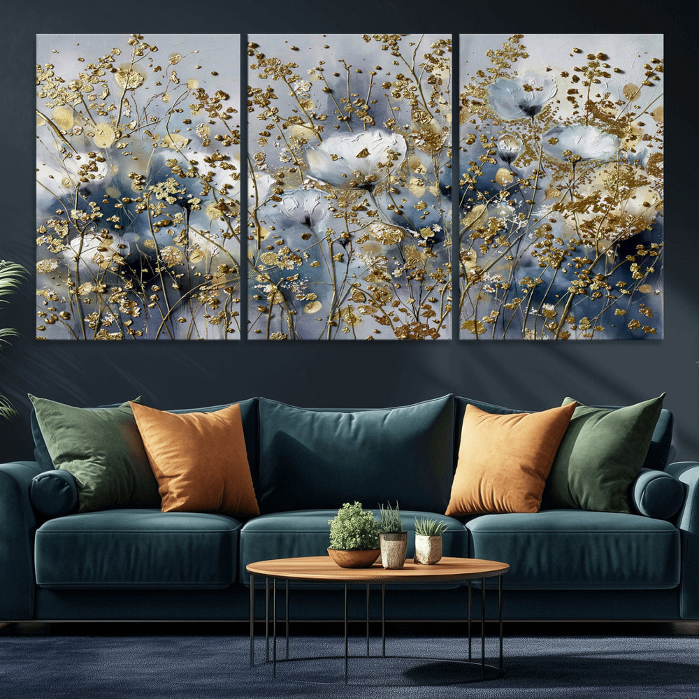Abstract Floral Wall Art Canvas Print – Gold and Blue