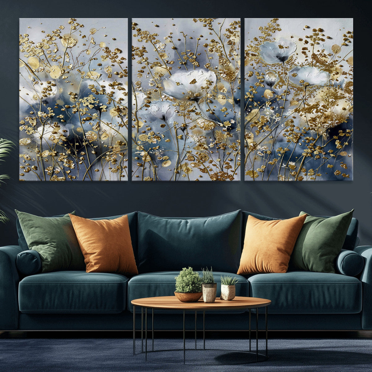 Abstract Floral Wall Art Canvas Print – Gold and Blue