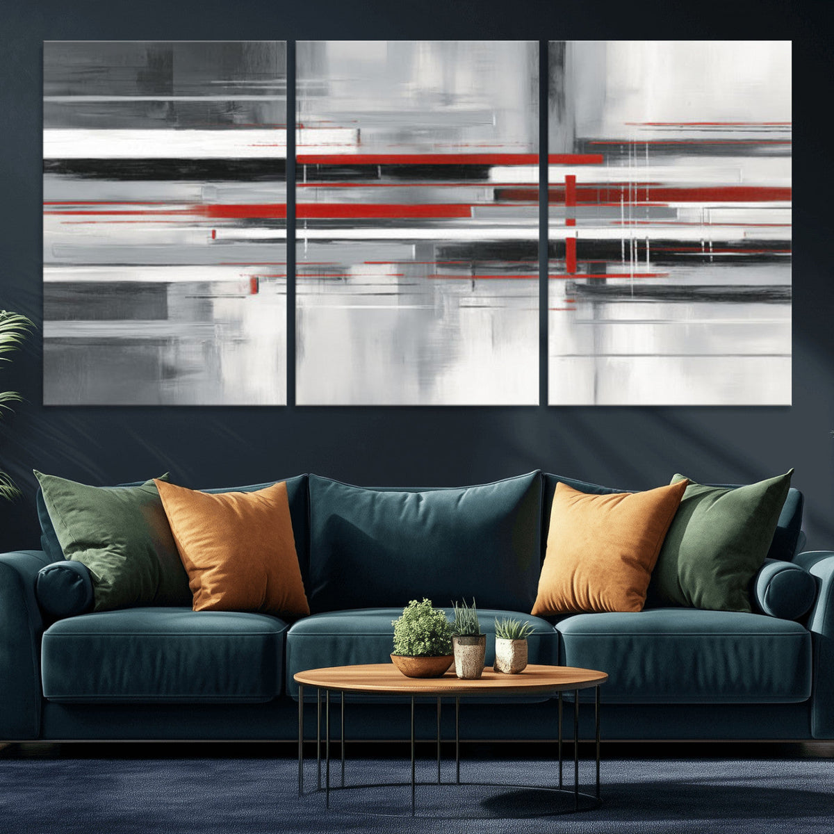 Gray Red Abstract Wall Art Canvas Print, Modern Abstract