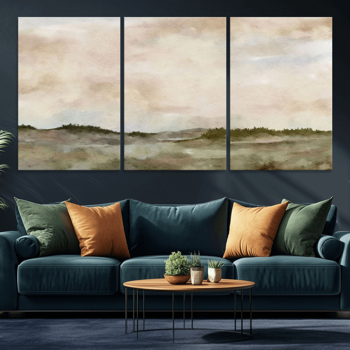 Muted Watercolor Hill Landscape Print — Beige Taupe Cloudy