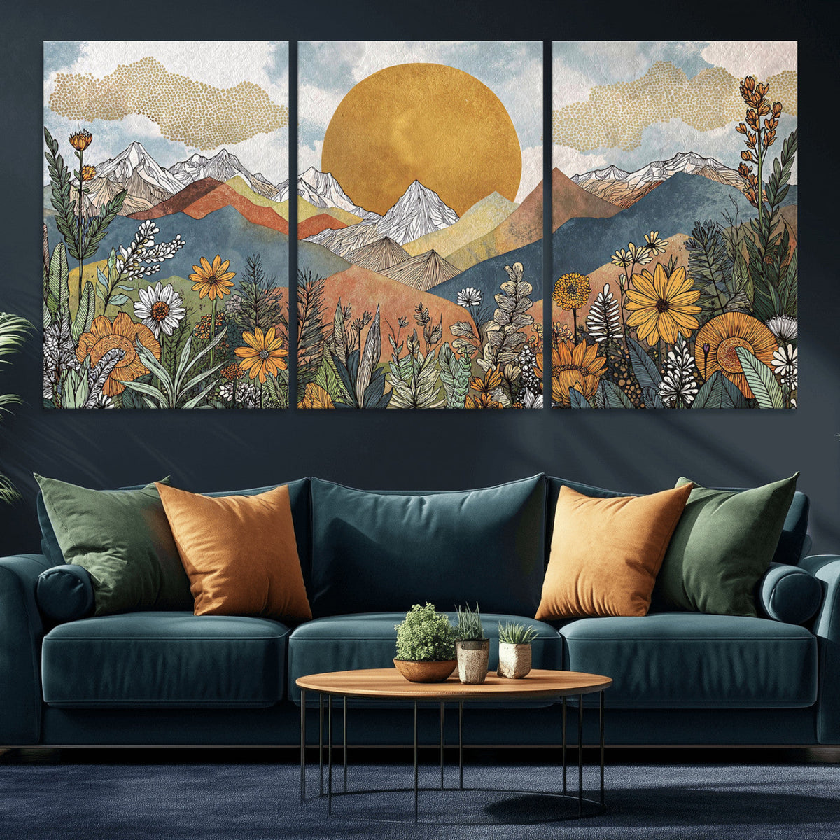 Boho Mountain Landscape Large Wall Art, Horizontal Gold