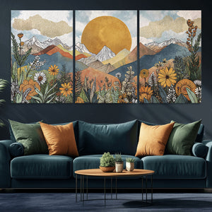 Boho Mountain Landscape Large Wall Art, Horizontal Gold