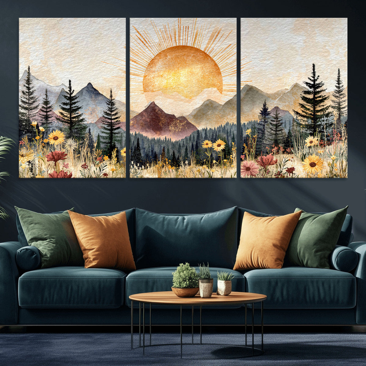 Boho Mountain Landscape Large Wall Art, Horizontal Gold