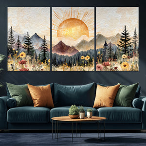 Boho Mountain Landscape Large Wall Art, Horizontal Gold