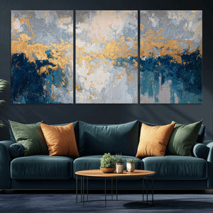 Blue Gold Abstract Large Framed Canvas Wall Art, Modern